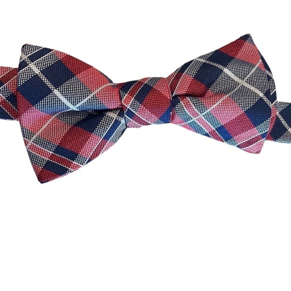 Tommy Hilfiger Silk Bow Tie Red/Blue/White Plaid - Picture 1 of 5